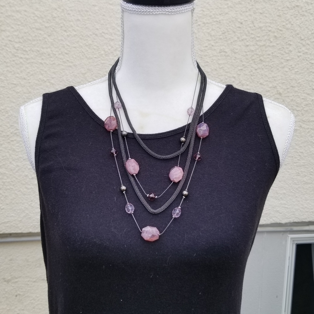 gunmetal layered necklace with purple beads